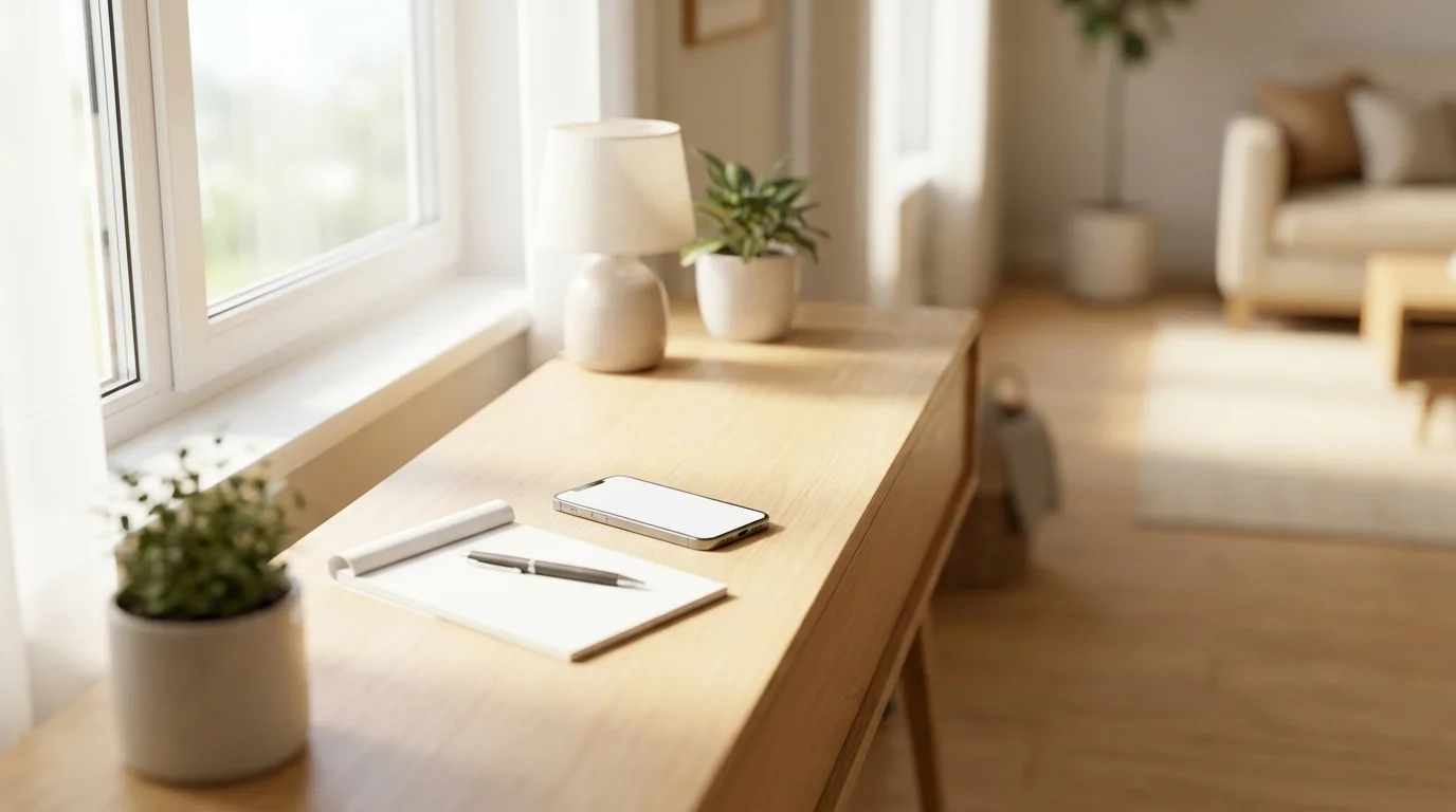 A bright tidy home entryway with a phone and notepad, an approachable get-answers scene