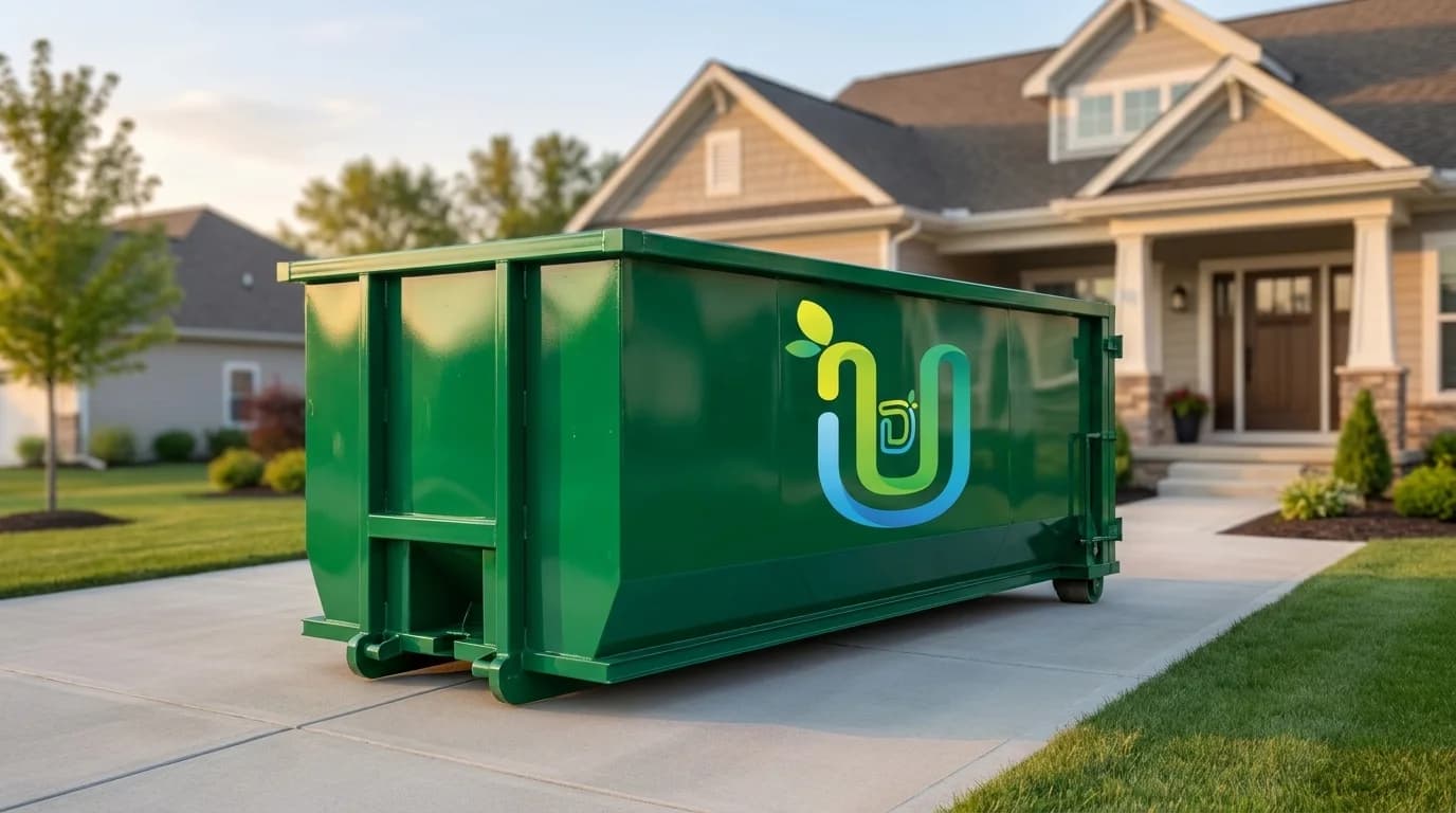 Ultimate Dumpsters emerald-green roll-off dumpster newly delivered to a suburban driveway for a first-time renter