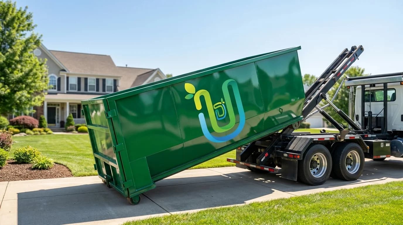 Ultimate Dumpsters emerald-green roll-off dumpster being delivered to a residential driveway