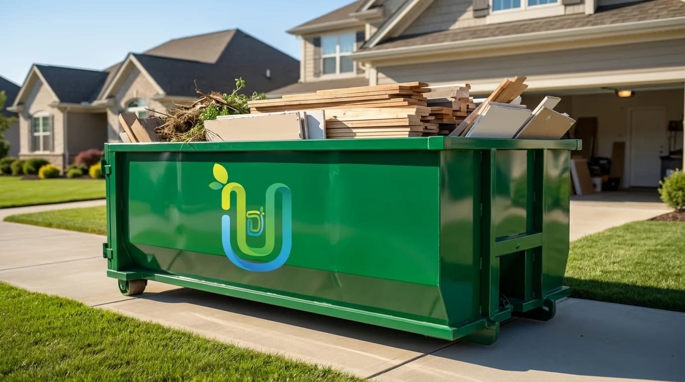 Ultimate Dumpsters emerald-green roll-off dumpster being neatly and evenly loaded with debris