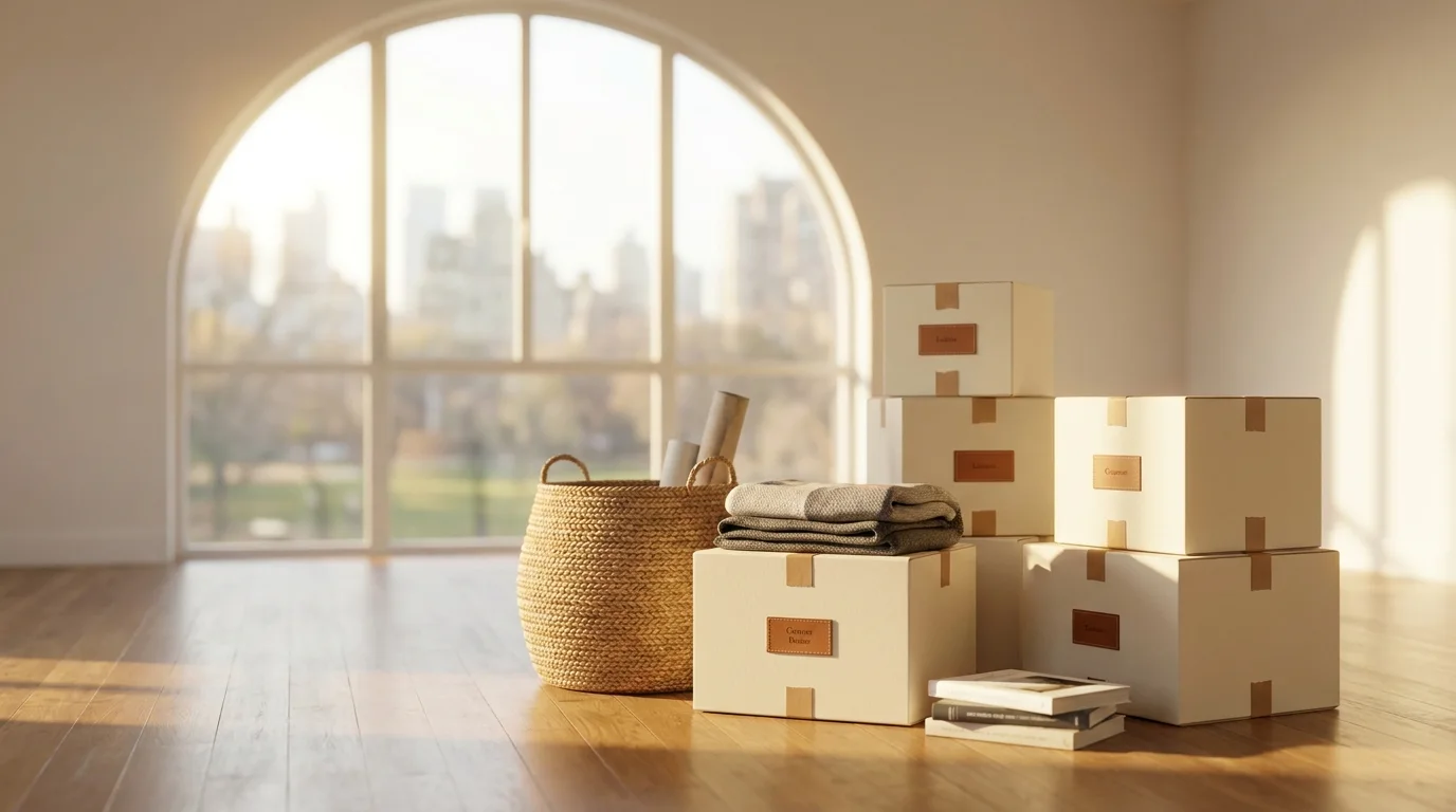 Neatly stacked labeled moving boxes and household items in a bright room, a home move-out cleanout