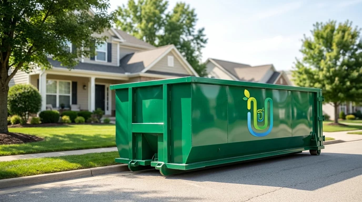 Ultimate Dumpsters emerald-green roll-off dumpster placed along a residential street curb, showing street placement and permits