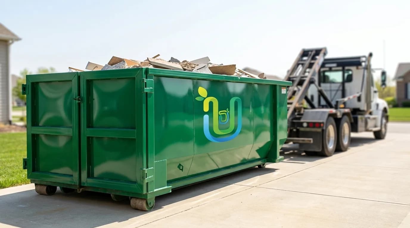 Ultimate Dumpsters emerald-green roll-off dumpster loaded and ready for pickup on a residential driveway
