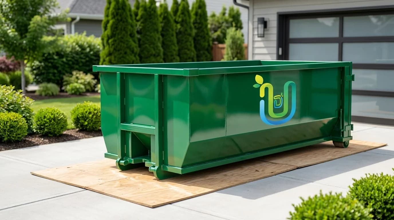 Ultimate Dumpsters emerald-green roll-off dumpster positioned on protective boards on a clean driveway