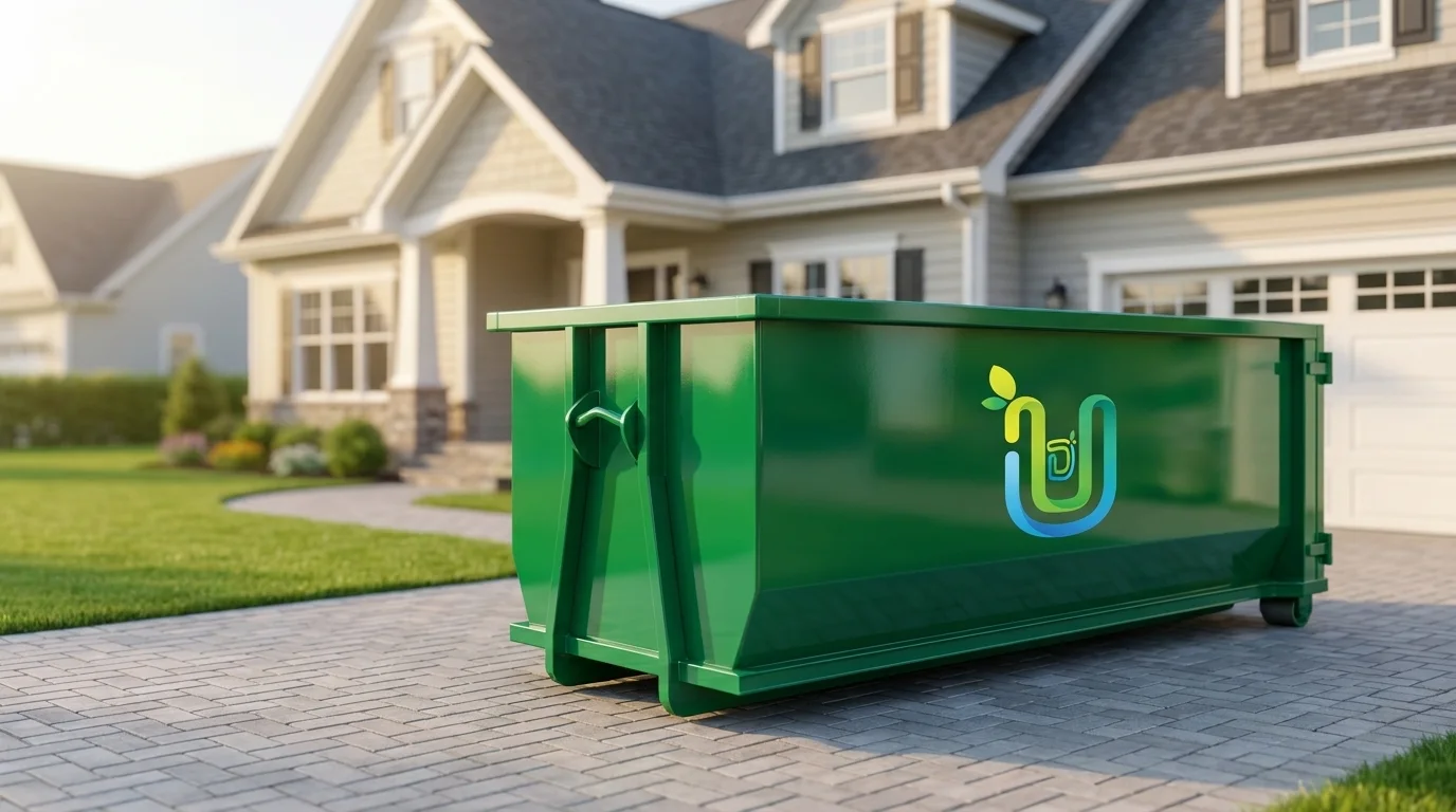 Ultimate Dumpsters emerald-green roll-off dumpster on a suburban driveway, the container behind dumpster rental pricing