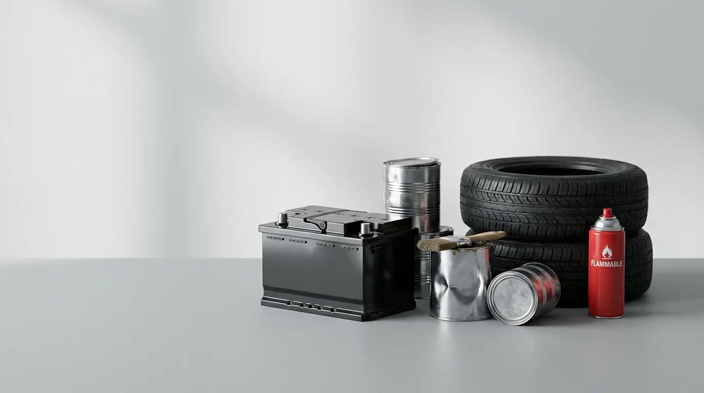 A studio still life of items not allowed in a dumpster: a car battery, paint cans, tires and a flammable aerosol