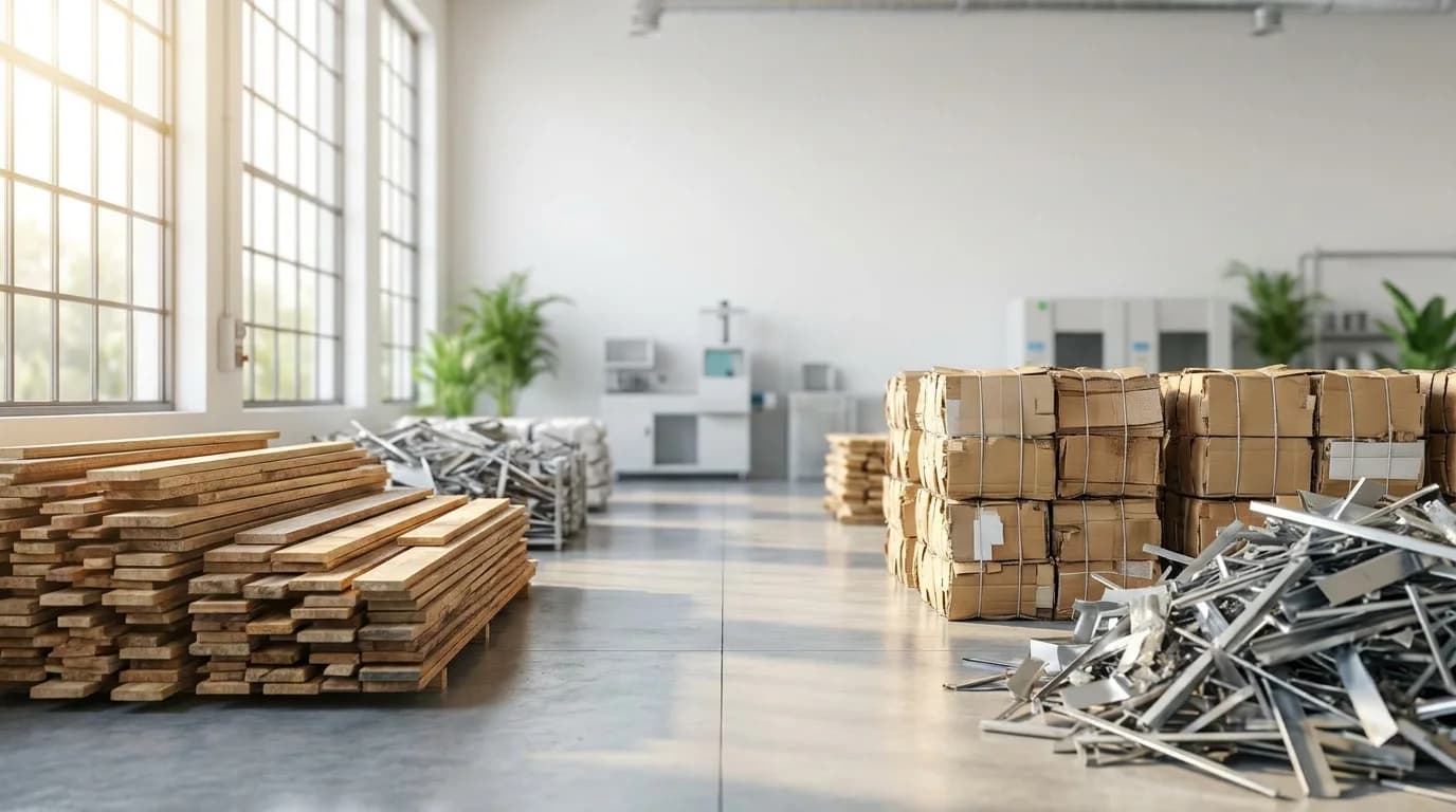 Sorted recyclable construction materials, clean separated piles of wood, metal and cardboard in a bright facility