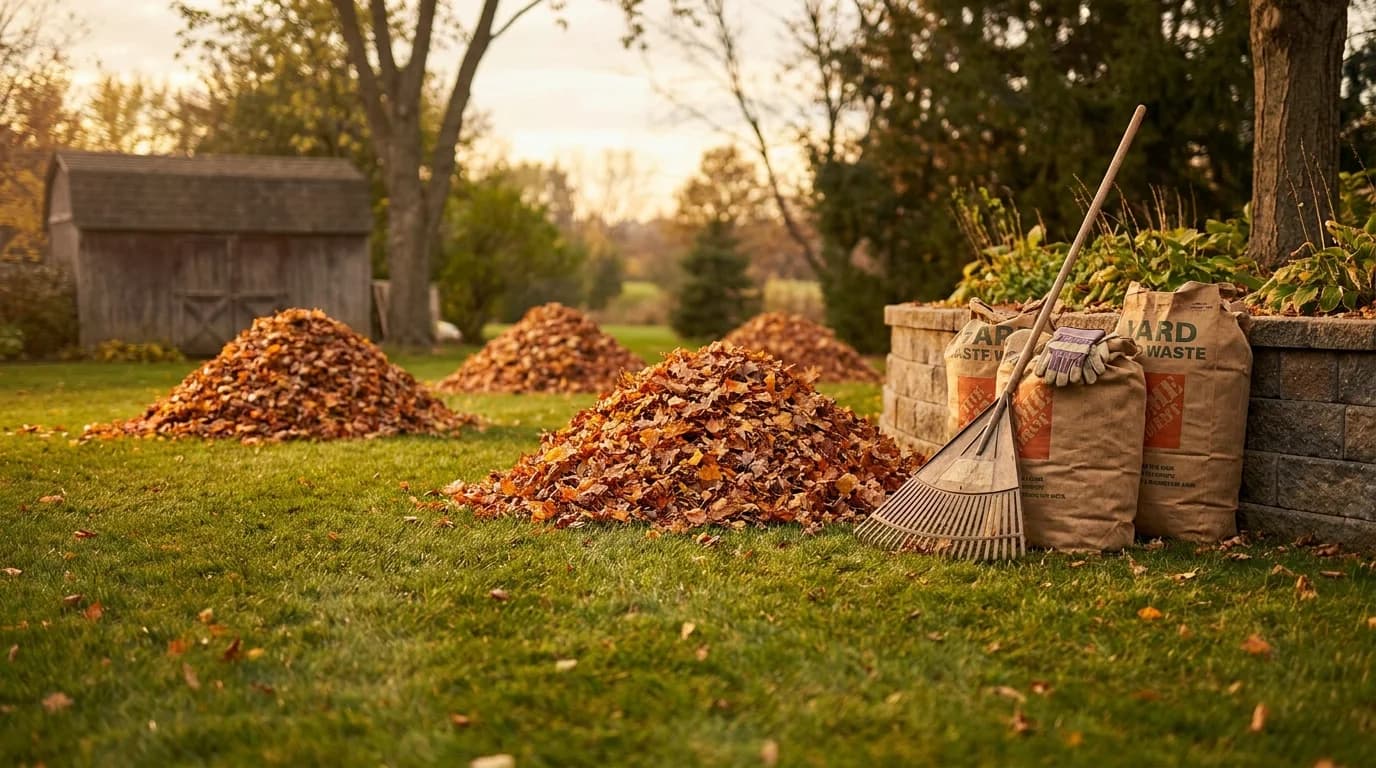 A seasonal yard cleanup with raked autumn leaves, garden tools and yard debris bags in a tidy backyard