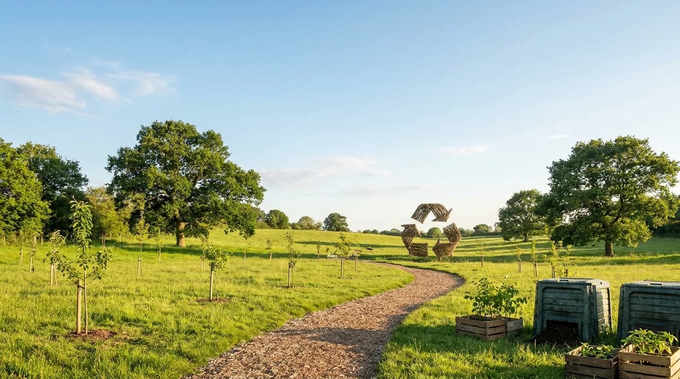 A lush green landscape with trees and clear blue sky, an eco-friendly land-stewardship scene