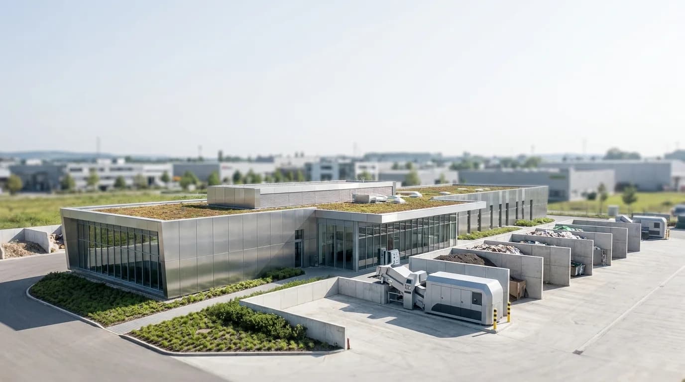 A clean modern waste-transfer and recycling facility under bright daylight