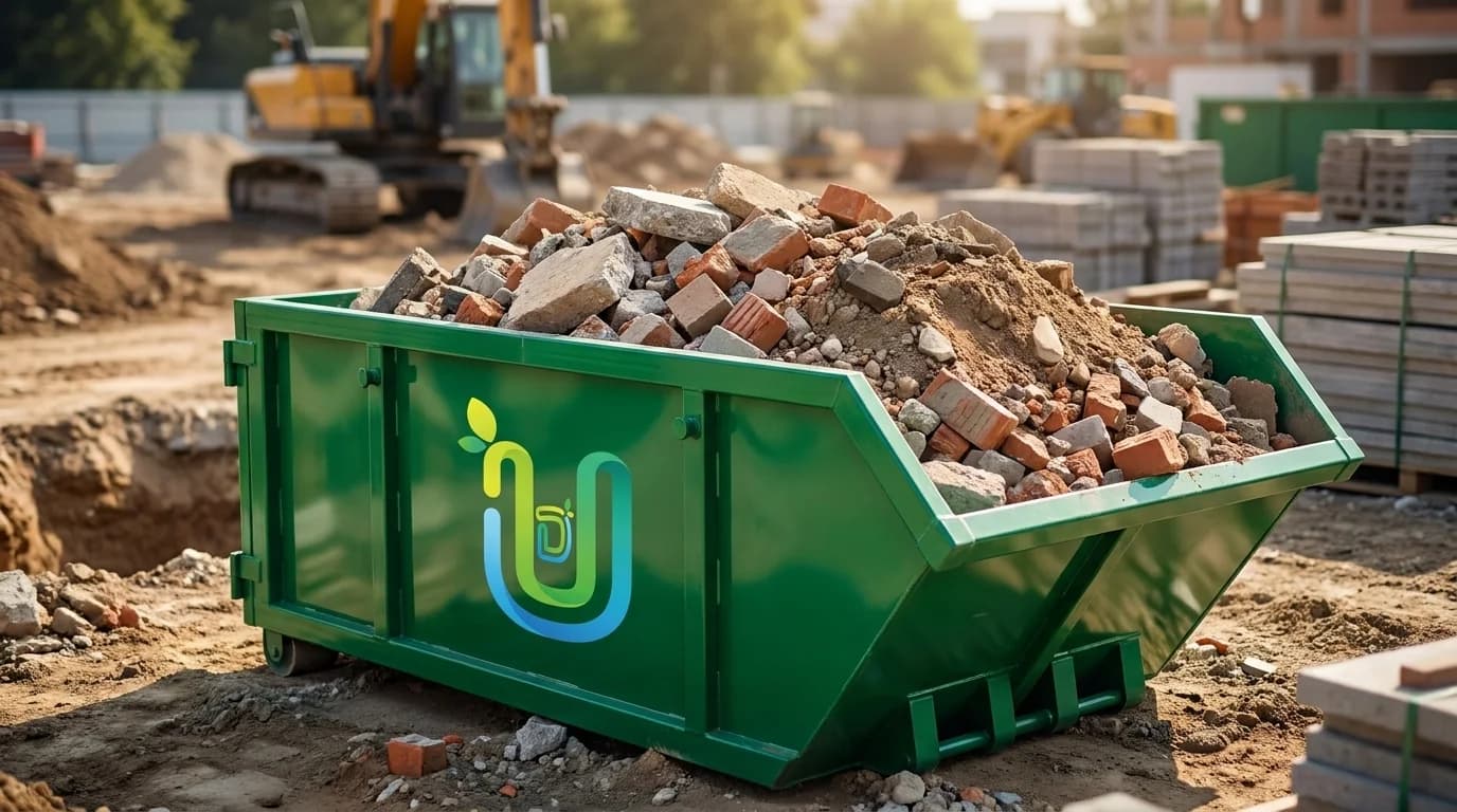 Ultimate Dumpsters emerald-green roll-off dumpster loaded with heavy concrete and brick debris, showing dumpster weight limits