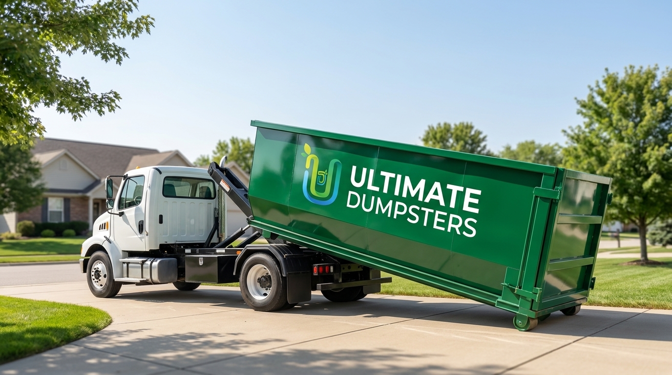 Ultimate Dumpsters truck delivering a green branded roll-off dumpster
