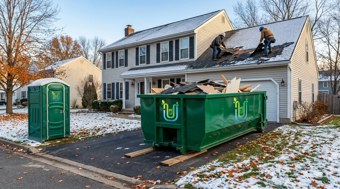 A green 20 yard roll off dumpster on wooden boards in the driveway of a two story colonial house on a cold late autumn morning with a light dusting of snow and orange leaves, filled with old roof shingles and lumber while two roofers tear off the last section of the roof, and a green portable toilet stands at the edge of the driveway.