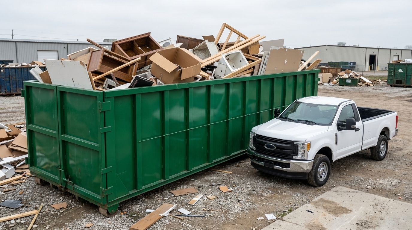 A very large green 40 yard roll-off dumpster on a commercial lot being loaded with bulky light construction and cleanout debris, a work truck beside it for scale.