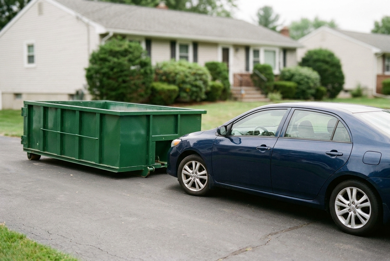 A 10 yard green roll-off dumpster on a driveway next to a car, showing it is about the length of a sedan