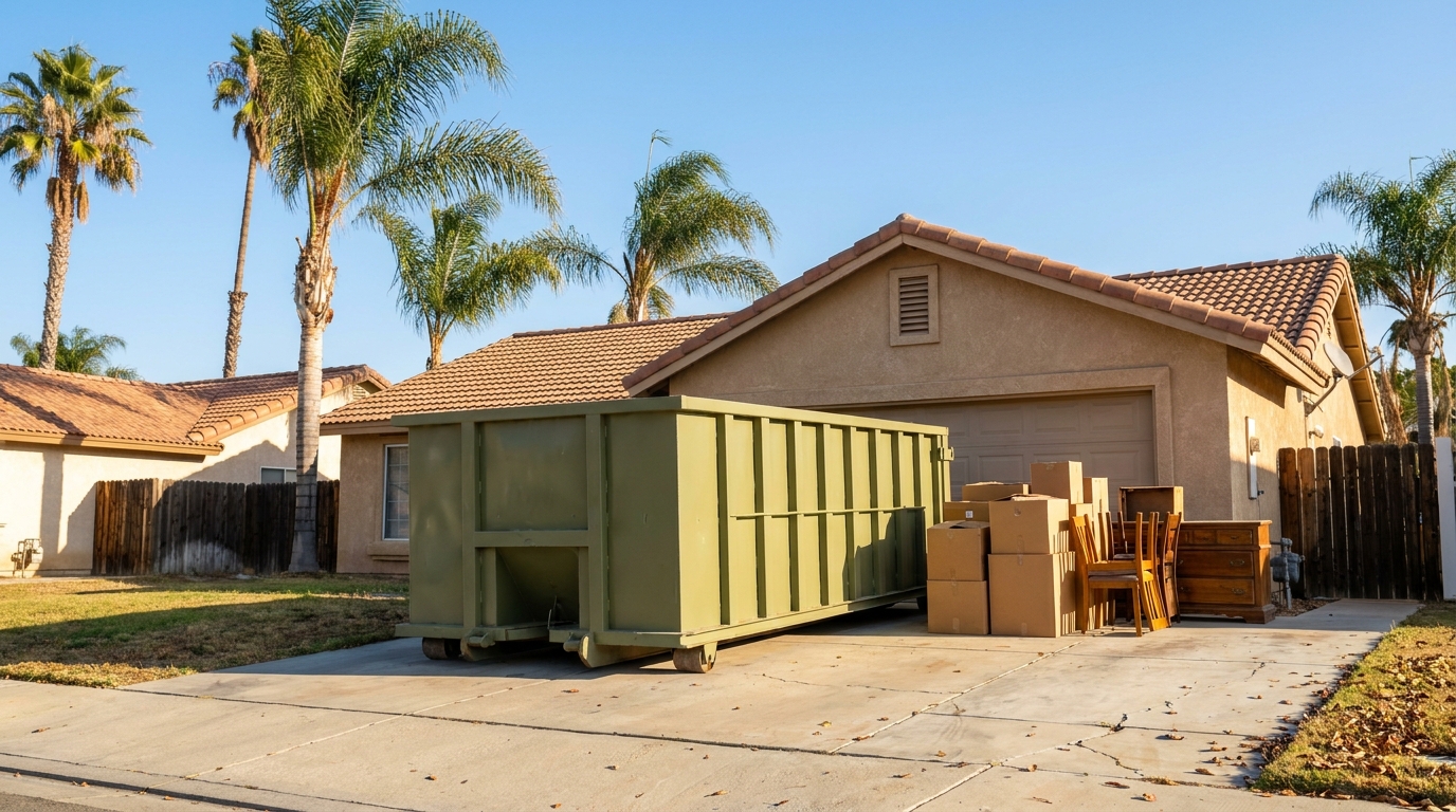 A 20 yard roll-off dumpster on a residential driveway in a Southern California neighborhood with palm trees and stucco homes, staged for a garage cleanout on a clear morning.