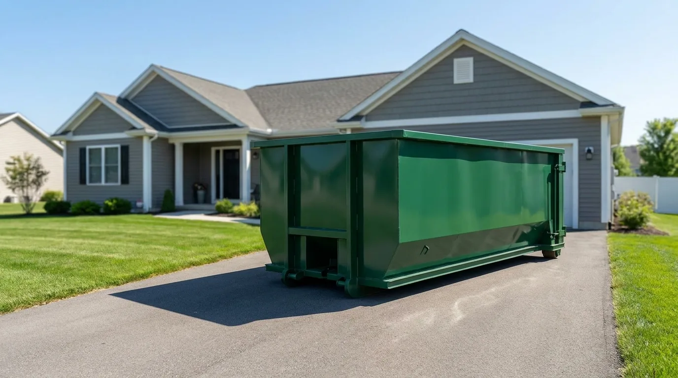 A clean green roll-off dumpster on a suburban driveway in bright natural light, with a small printed price tag or flat-rate sign concept implied, representing an honest all-in flat price for dumpster rental with no hidden fees.