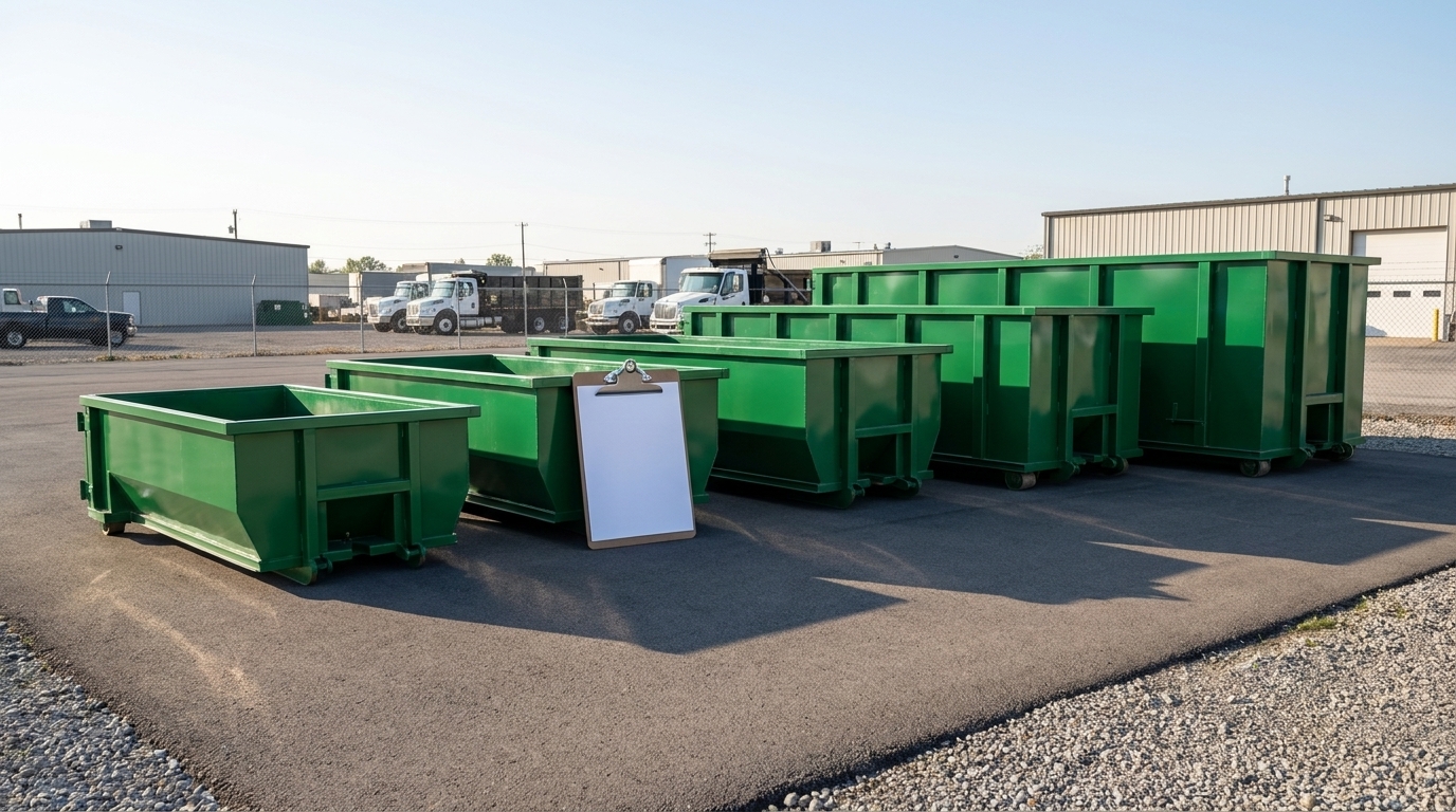A green roll-off dumpster at a suburban home in morning light, representing transparent dumpster rental prices published by size.