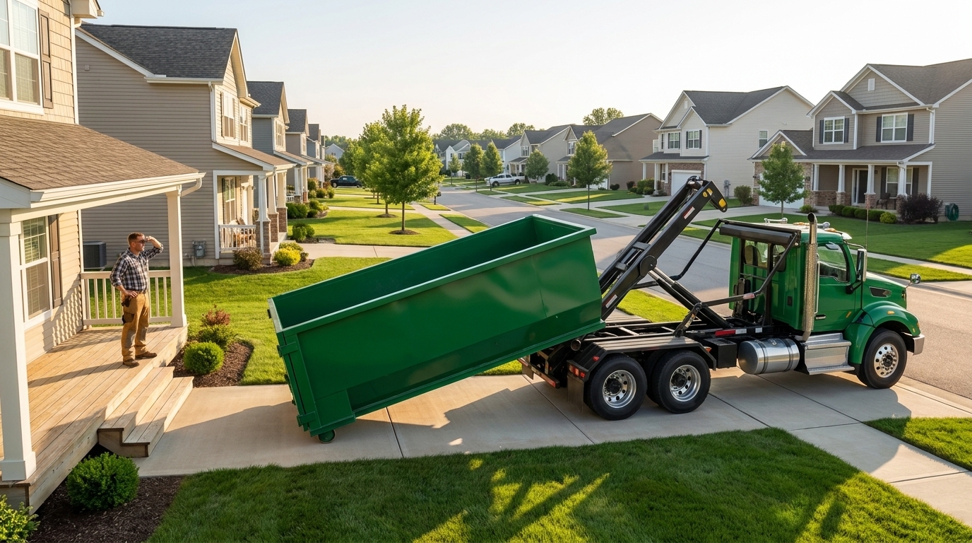 A roll-off truck lowering a green dumpster onto a residential driveway