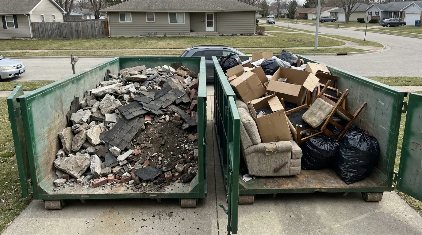 A roll-off dumpster in a driveway partly filled with heavy construction debris like broken concrete and roofing shingles on one side and light household junk like furniture and cardboard on the other, illustrating how the same size box can hold very different weights.