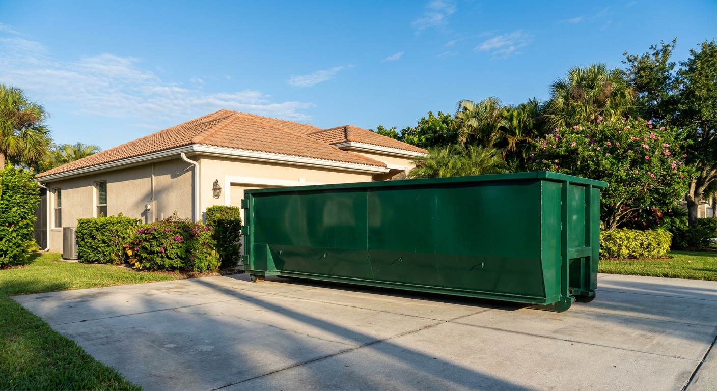 A 20 yard roll-off dumpster on a residential driveway in a Florida neighborhood with palm trees and a single-story home under a bright sky, staged for a cleanout on a clear morning.