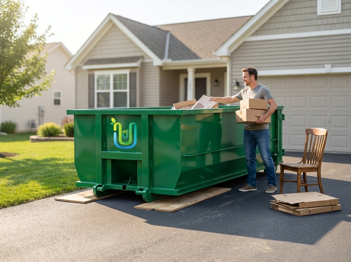 A clean residential driveway with a freshly delivered roll-off dumpster set on protective boards, a homeowner beginning to load light debris, bright morning light.