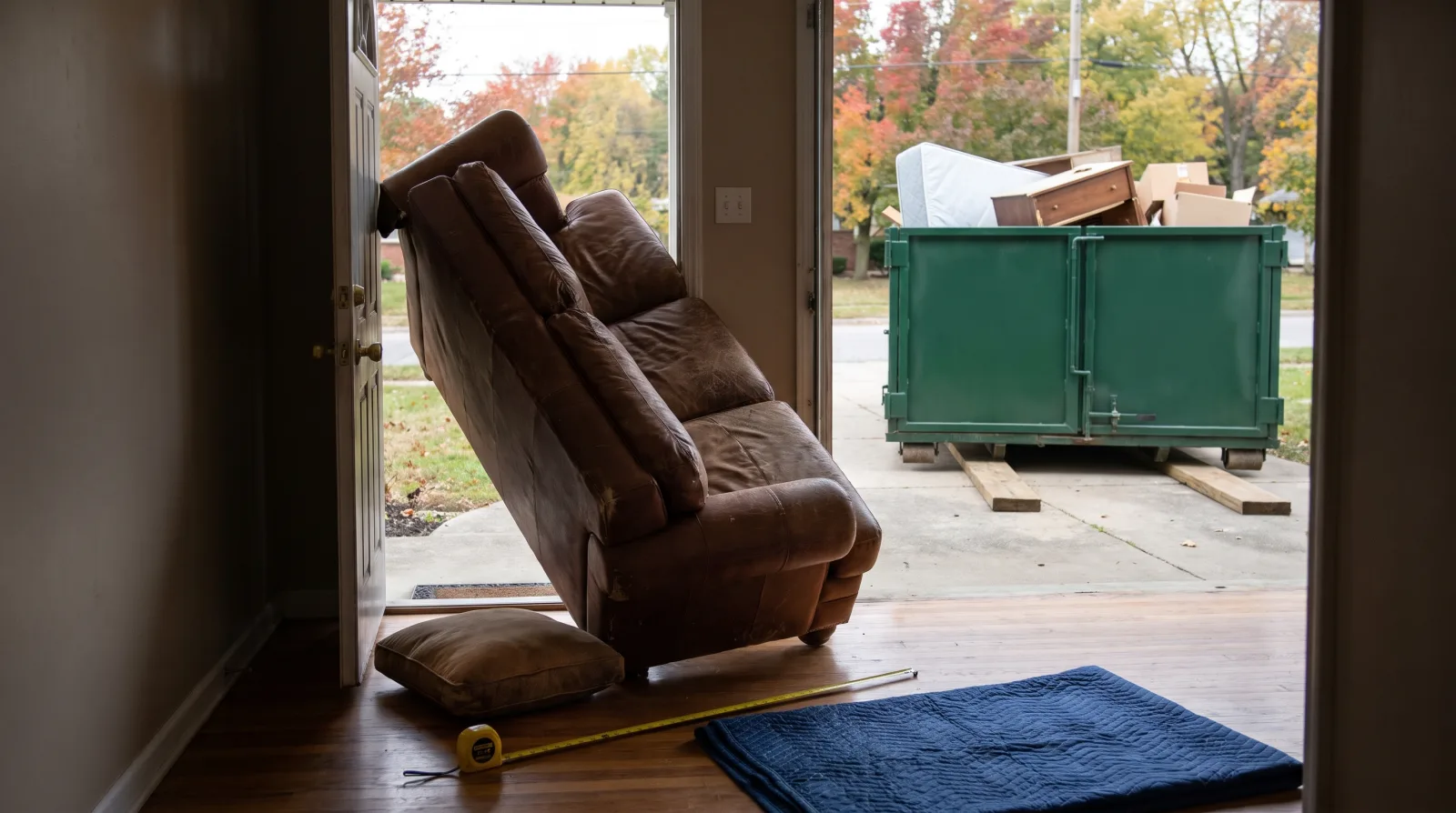 An old brown leather couch tipped on its end and wedged in a front doorway, a tape measure and a moving blanket on the wood floor, with a plain dark green roll-off dumpster on wood boards in the driveway holding a mattress, a dresser and boxes, no logos.