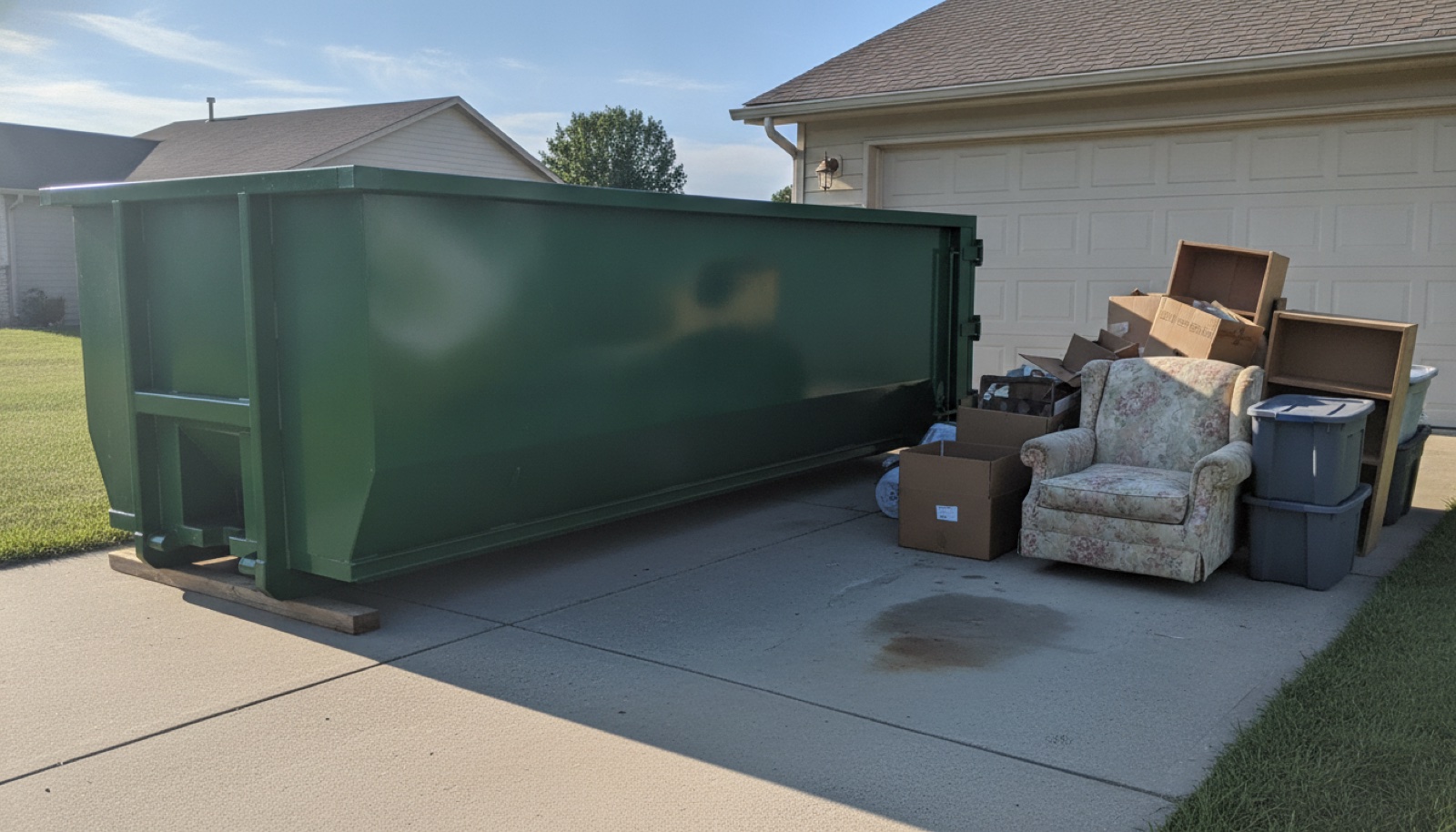A 20 yard roll-off dumpster on a suburban driveway beside a cleanout pile