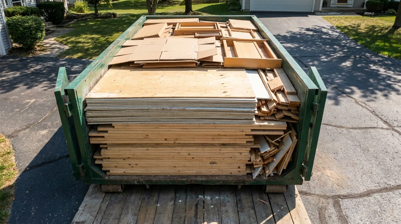 A green roll-off dumpster in a driveway packed neatly in flat level layers, heavy flat lumber and drywall laid across the bottom, broken-down furniture stacked evenly, debris sitting level with the top rail and not heaped over it, illustrating how to load a dumpster efficiently.