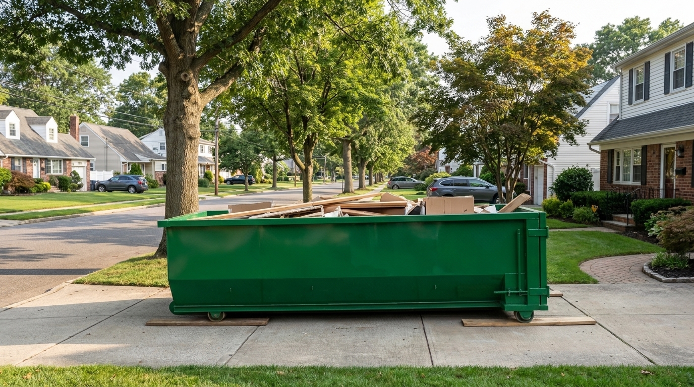 A green roll-off dumpster placed neatly on the driveway of a suburban Long Island home during a house cleanout, tree-lined street and colonial houses in the background.