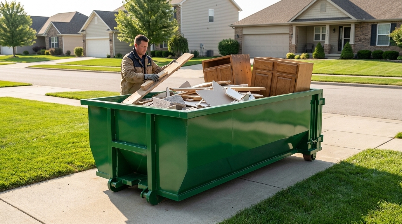 A green 15 yard roll-off dumpster on a suburban driveway, the mid-size container between a 10 and a 20 yard.