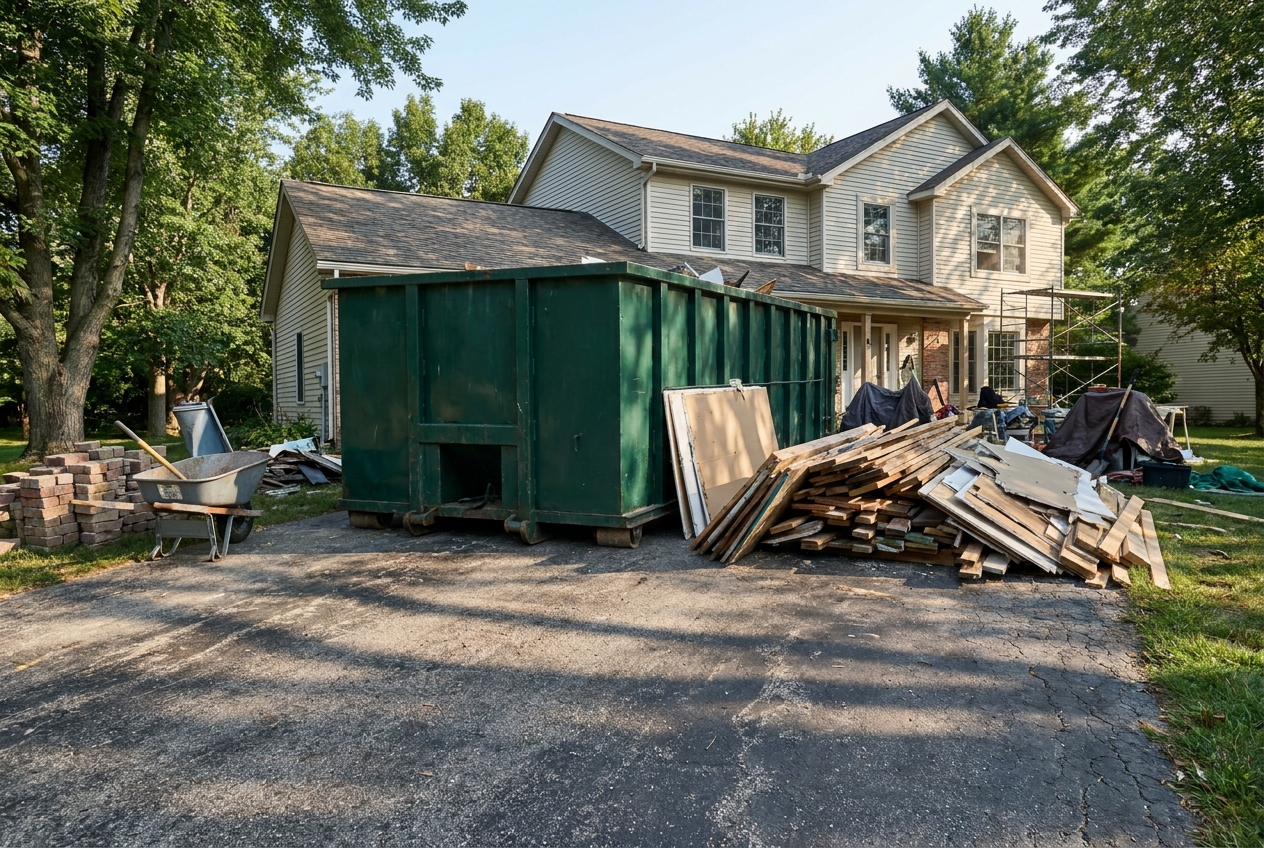 A 30 yard roll-off dumpster parked on a residential driveway beside an ongoing home renovation, framing lumber and debris nearby, set up for a long-term monthly rental on a clear late-summer morning.