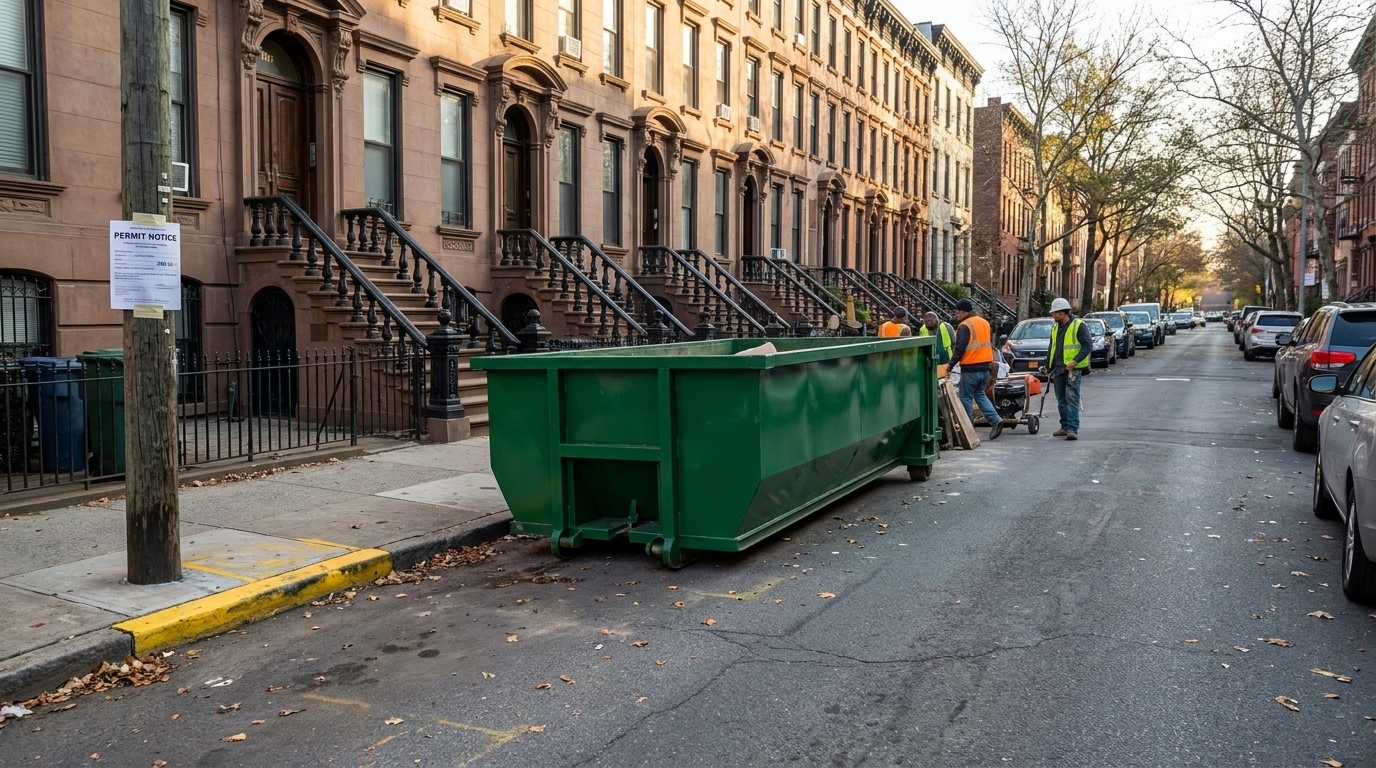 A clean green roll-off dumpster on a Brooklyn brownstone street with a permit notice posted nearby and a work crew loading debris.