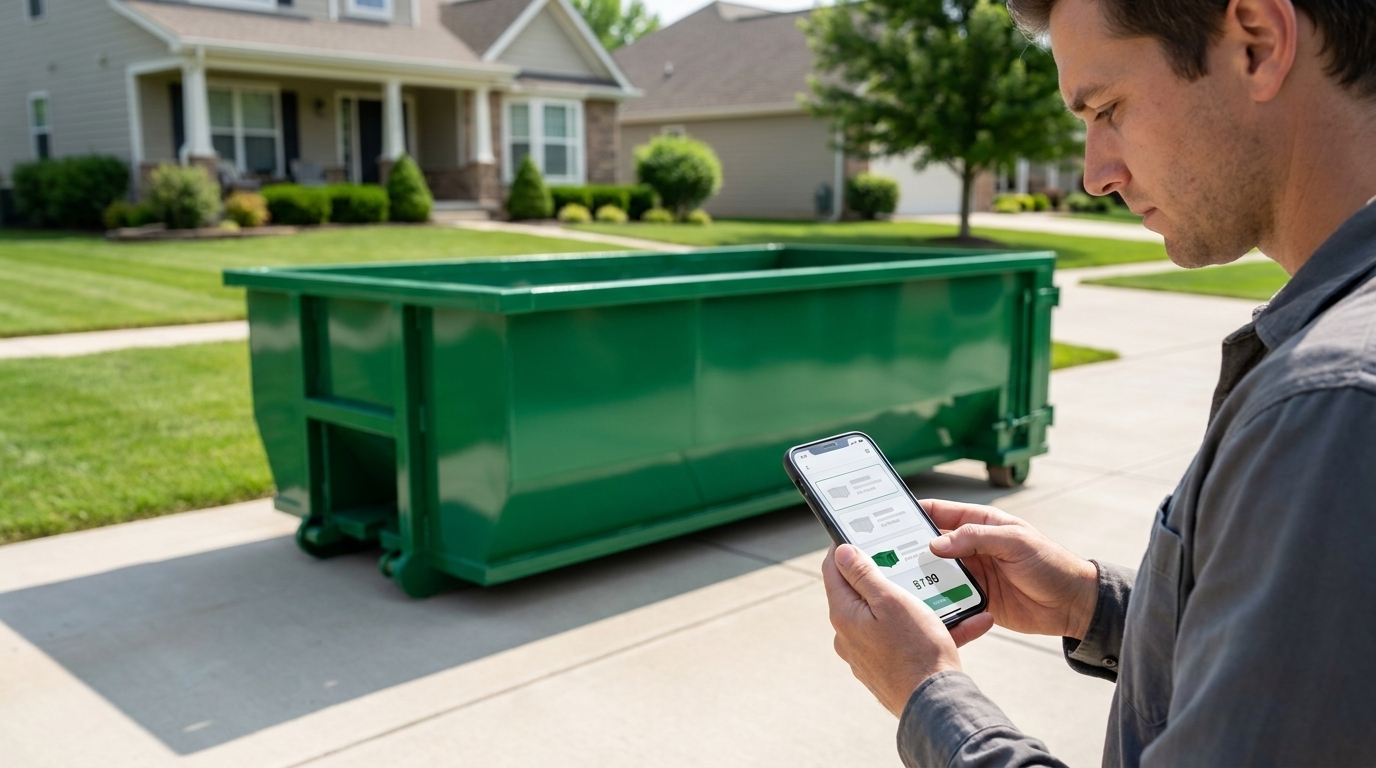 A person's hands holding a phone showing a clean dumpster-rental ordering screen with size options and a live price, a roll-off dumpster and a driveway softly out of focus in the background, bright morning light.