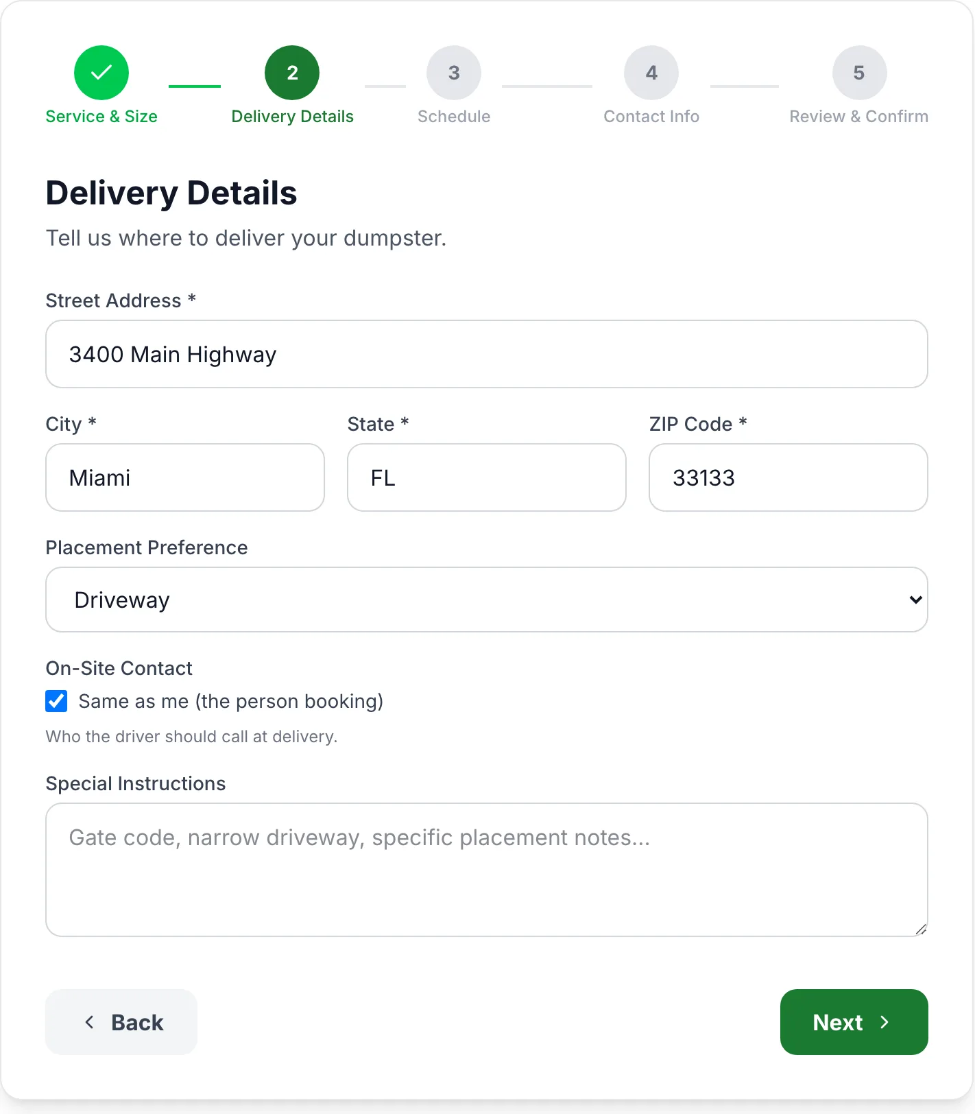 Order flow step two, Delivery Details: the Miami street address, city, state and ZIP auto-filled, a placement preference of Driveway, and a special-instructions field.