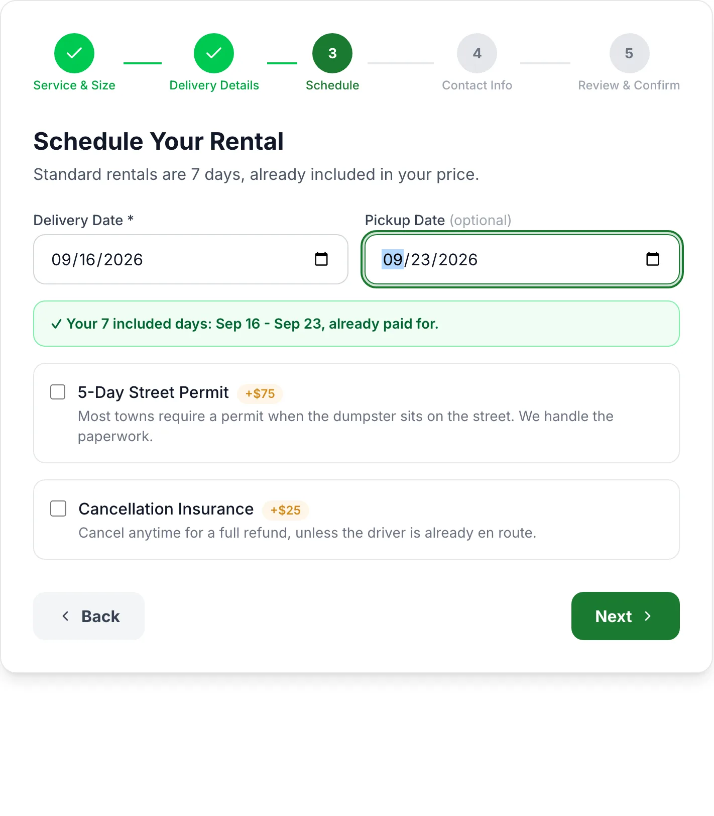 Order flow step three, Schedule Your Rental: a delivery date picker with a note that the standard rental is 7 days included, plus optional 5-day street permit and cancellation insurance add-ons.