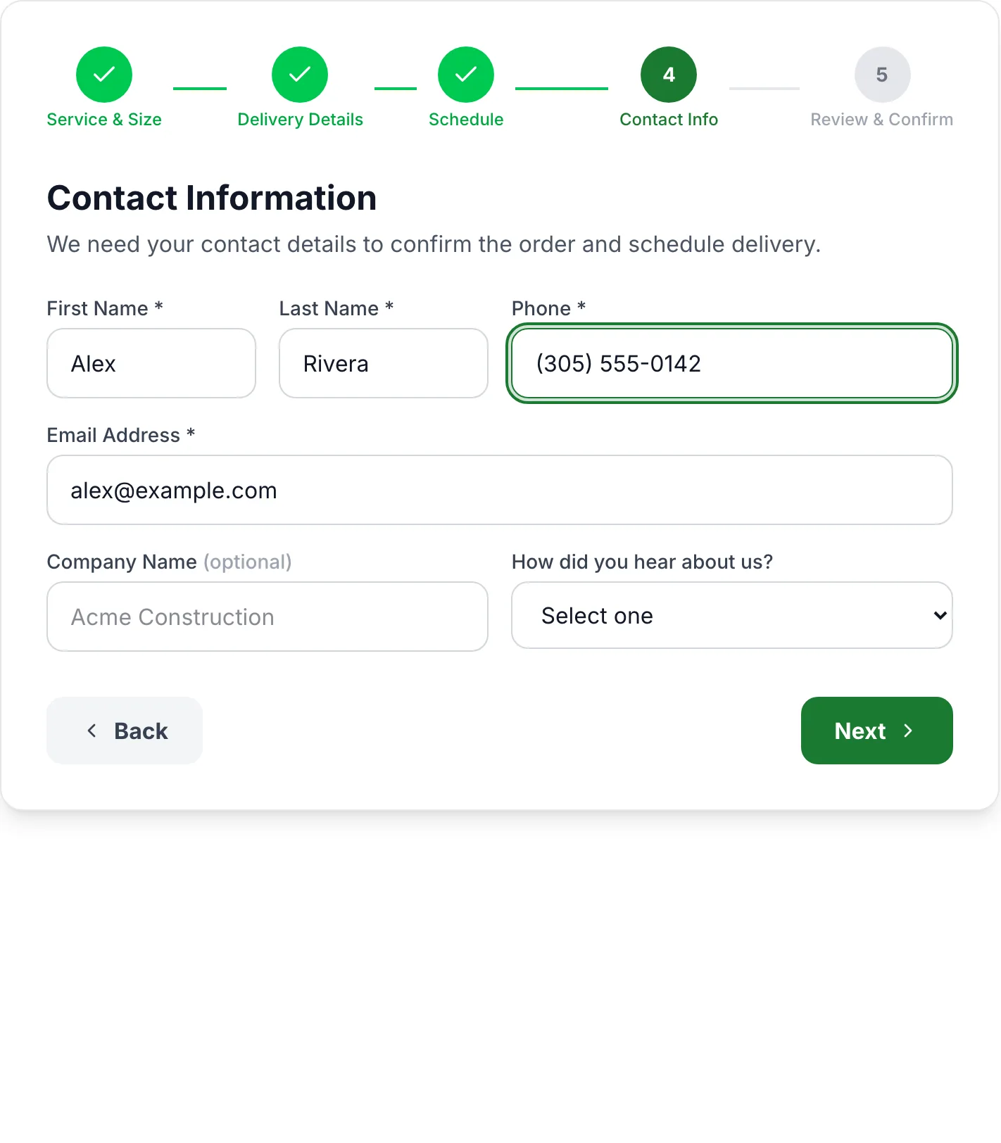 Order flow step four, Contact Information: first name, last name, phone, email and an optional company name field, filled with sample details.