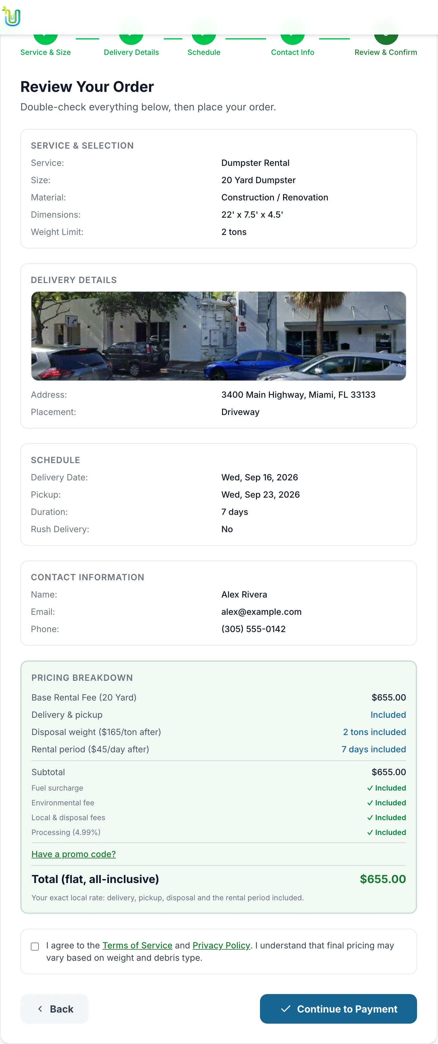 Order flow step five, Review Your Order: the full order summary for a 20 yard dumpster in Miami with a pricing breakdown showing delivery, pickup, disposal, fuel and local fees all included and a flat all-inclusive total of $655.00.