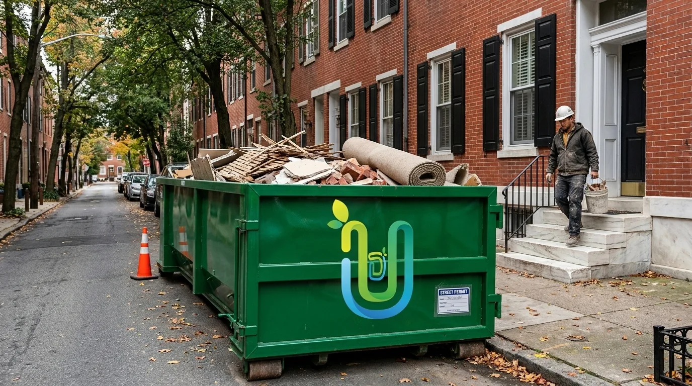 A green 30 yard roll off dumpster parked along the curb of a tree lined Philadelphia street of red brick row homes with white marble front steps in autumn, filled with old plaster, lath, broken brick and a rolled carpet from a row home renovation, with an orange cone and a street permit tag on the container while a contractor in a hard hat carries a bucket of debris down the steps.