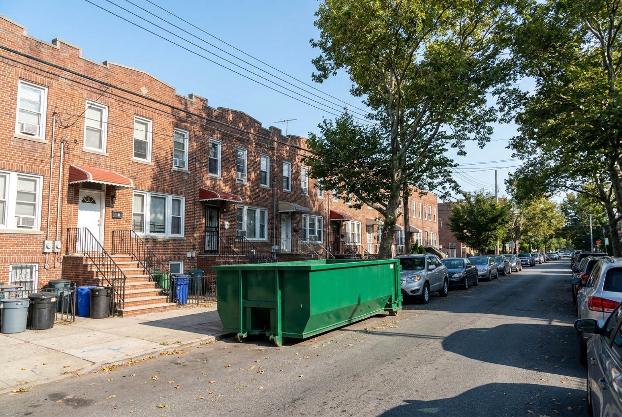 A 15 yard roll-off dumpster tucked neatly along the curb of a Queens attached row-house block with cars parked bumper to bumper, brick two-family homes and a clear morning sky in the background.