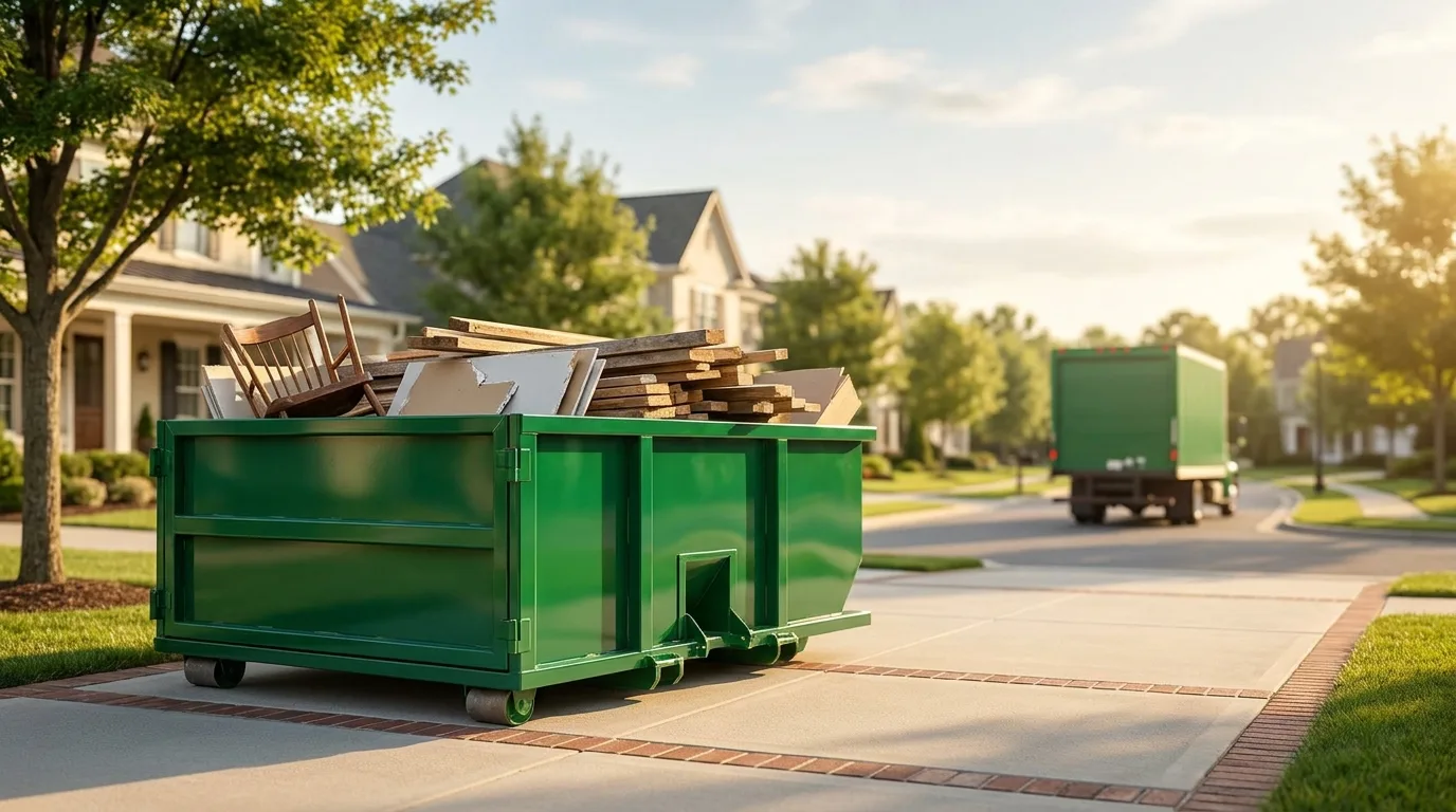 A green roll-off dumpster sitting on a residential driveway in warm afternoon light, partly filled with renovation debris, with a delivery truck pulling away in the background, illustrating a container out on a standard 7-day rental term.