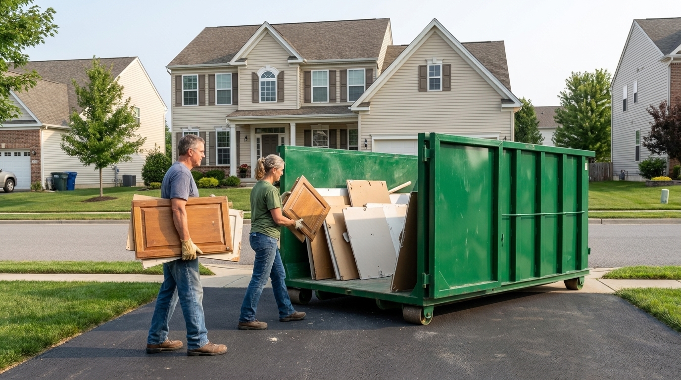 A green 20 yard roll-off dumpster on a suburban home driveway with homeowners loading renovation debris, showing a typical residential dumpster rental setup.