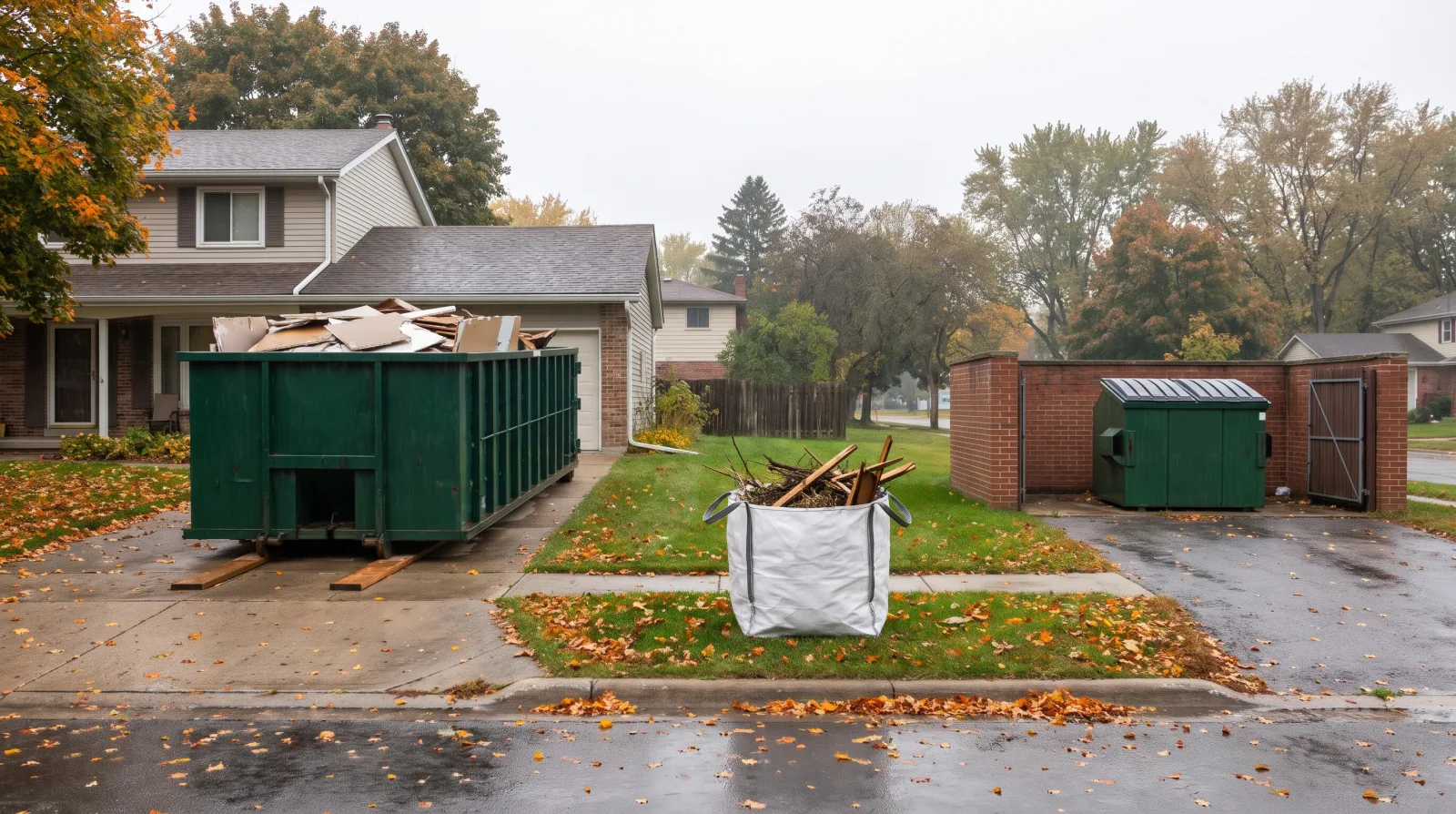 Three waste containers on one wet autumn street: on the left an open top green roll-off dumpster on two wood boards in a suburban driveway, loaded with drywall and cardboard; in the middle a white fabric three yard dumpster bag on the lawn holding yard debris and boards; on the right a smaller green lidded front-load dumpster inside a brick enclosure, all plain with no logos.