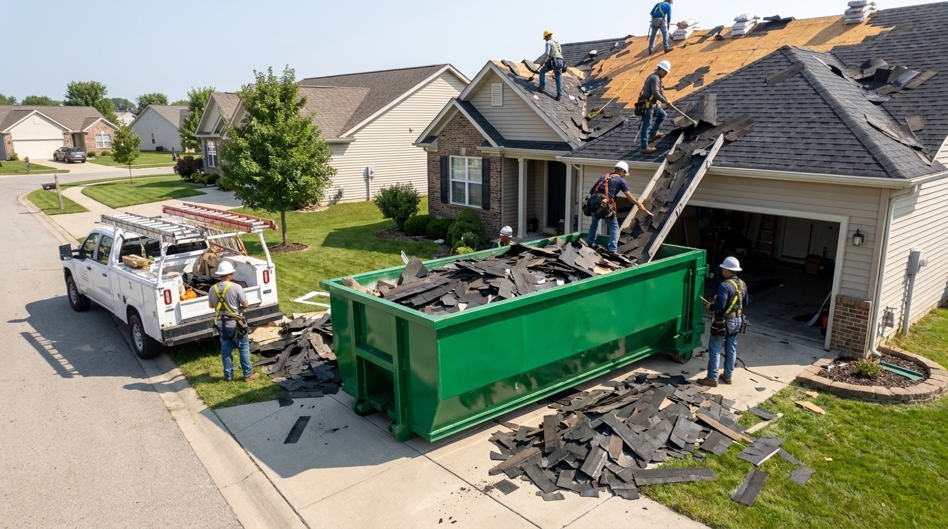 A green roll-off dumpster on a residential driveway filling with torn asphalt shingles while a professional roofing crew strips the roof during a tear-off.