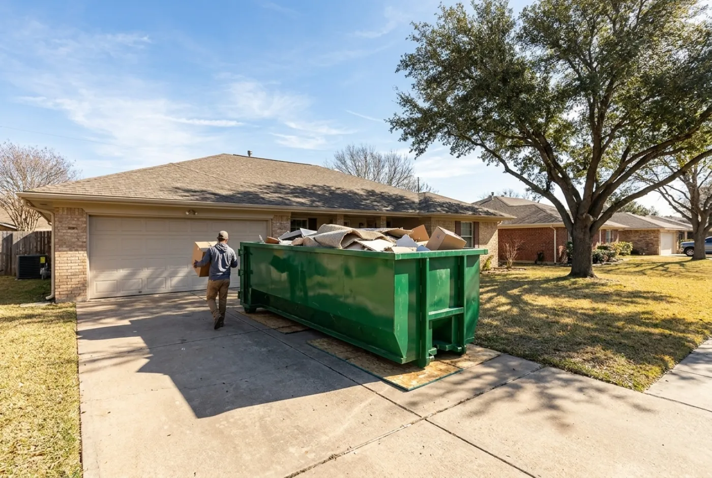 A green 20 yard roll-off dumpster on plywood boards on the wide concrete driveway of a single-story tan brick ranch-style house in a Texas suburb, with a large live oak in the front yard, partly filled with old carpet and cleanout debris while a homeowner carries a box toward it.