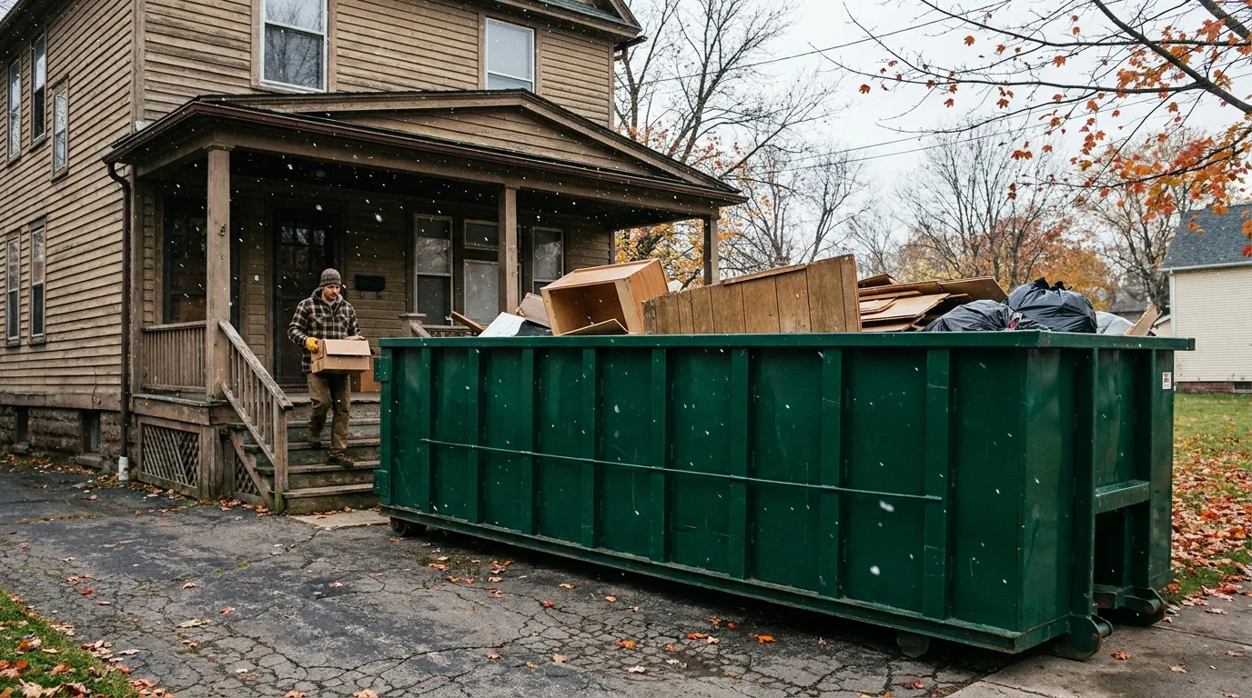 A plain green 20 yard roll off dumpster on the cracked asphalt driveway of a classic Buffalo style two story wood sided double house with a covered front porch in late October, filled with old wood paneling, a torn out kitchen cabinet and bagged remodel debris, while a homeowner in a flannel jacket, knit hat and work gloves carries a cardboard box down the porch steps under early snow flurries and orange maple leaves.