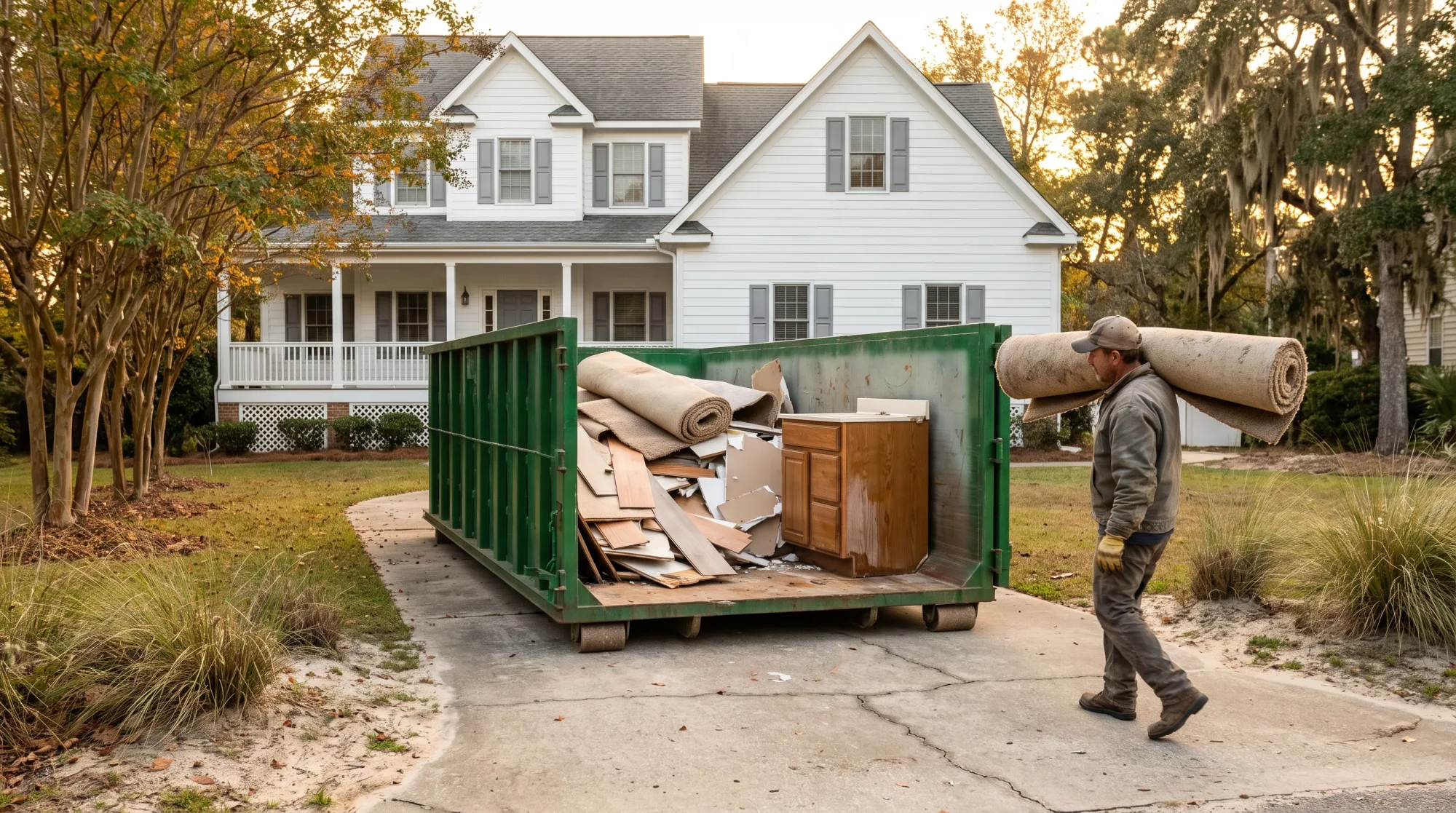 A plain green 20 yard roll off dumpster on the concrete driveway of a white two story coastal Virginia Beach home with a wide front porch and gray shutters, filled with old laminate flooring, carpet rolls, drywall and a water damaged vanity, with live oaks and crepe myrtles and a contractor carrying a roll of old carpet toward it.