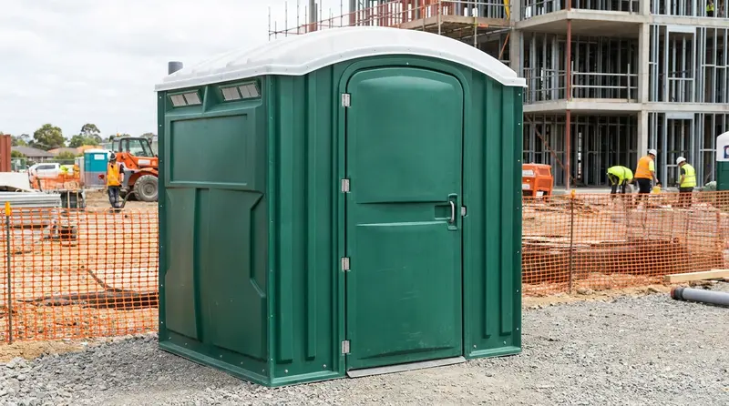 Wheelchair-accessible portable toilet with ground-level entry on a construction site