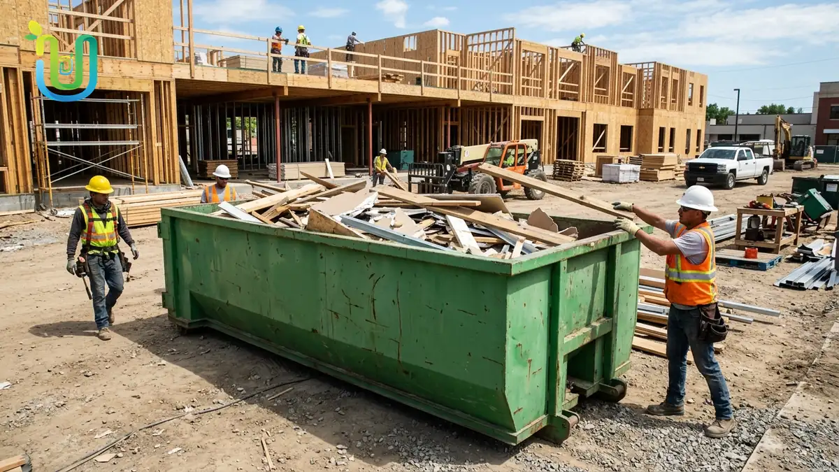 Construction waste disposal on a job site with dumpster