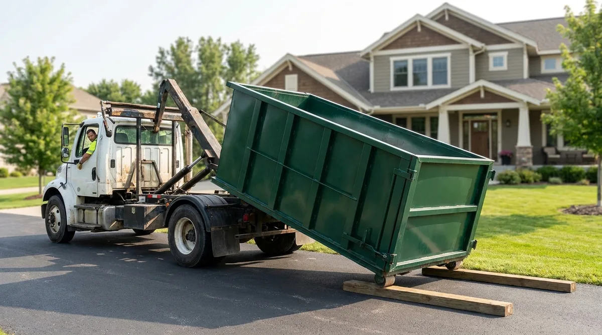 Roll-off truck lowering a dumpster onto a residential driveway on delivery day